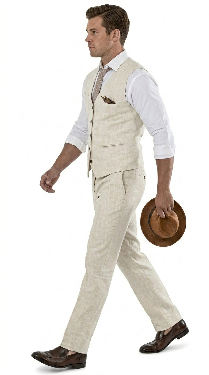 Men’s Beige Groomsmen Summer Vest and Pants Set, Beach Wedding Prom Formal Outfit