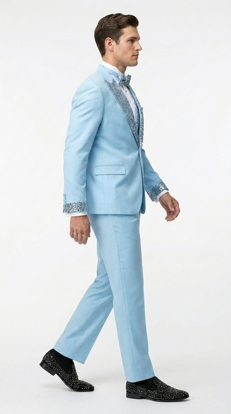 Men’s Baby Blue Prom Tuxedo with Vested Suit, Rhinestone Sequin Lapel and Matching Pants