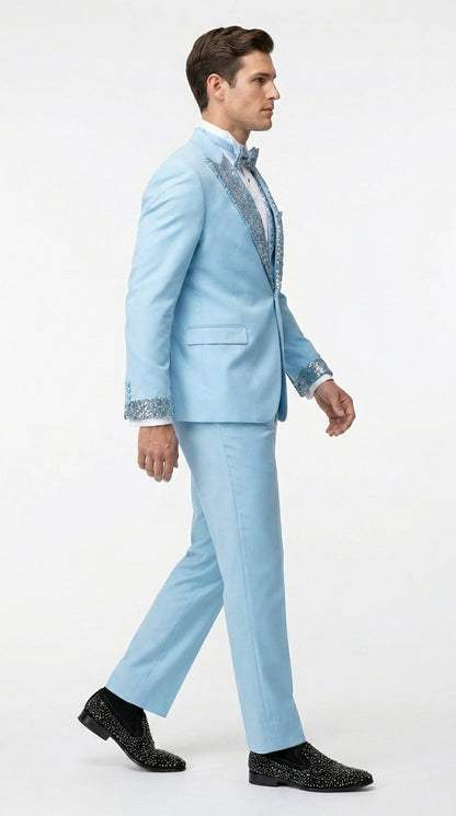 Men’s Baby Blue Prom Tuxedo with Vested Suit, Rhinestone Sequin Lapel and Matching Pants