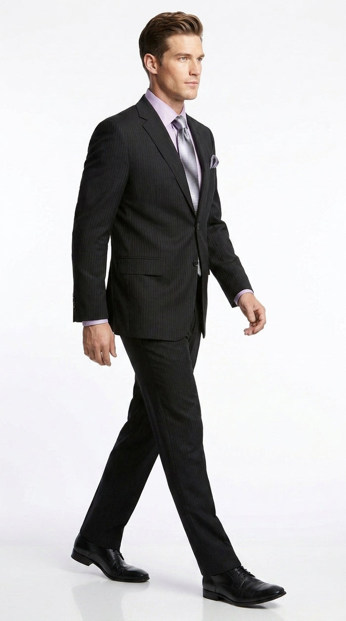 Men’s Black Tone on Tone Shadow Stripe 2 Button Suit, Two Piece Business Dress Suit