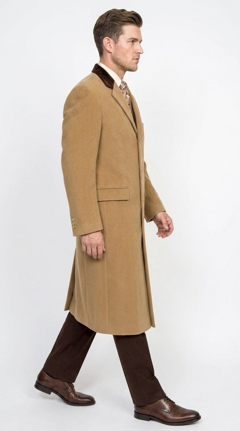 Men’s Camel Chesterfield Overcoat with Brown Velvet Collar, Full Length Cashmere Style Dress Coat