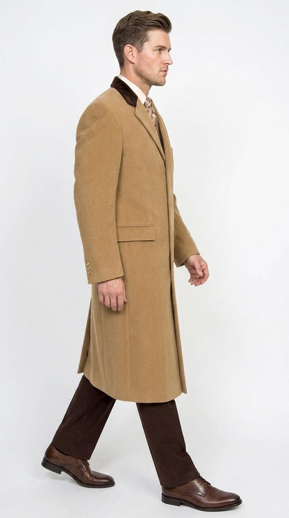 Men’s Camel Chesterfield Overcoat with Brown Velvet Collar, Full Length Cashmere Style Dress Coat