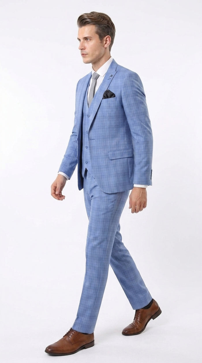 Men’s Light Blue Plaid 3 Piece Suit, Sky Blue Vested Summer Wedding Prom Dress Suit