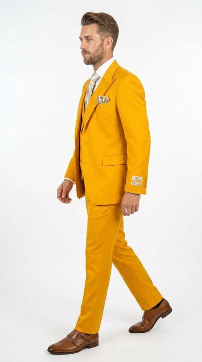 Rossi Man ELI RM103 – Men’s Bold Yellow Modern Fit 3-Piece Suit with Peak Lapel