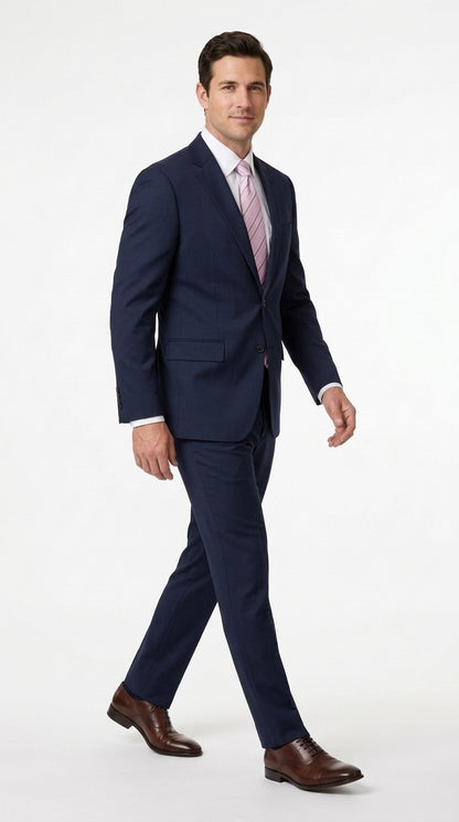 Men’s Navy Blue Big and Tall 2 Button Suit, Solid Plus Size Formal Wedding Business Suit