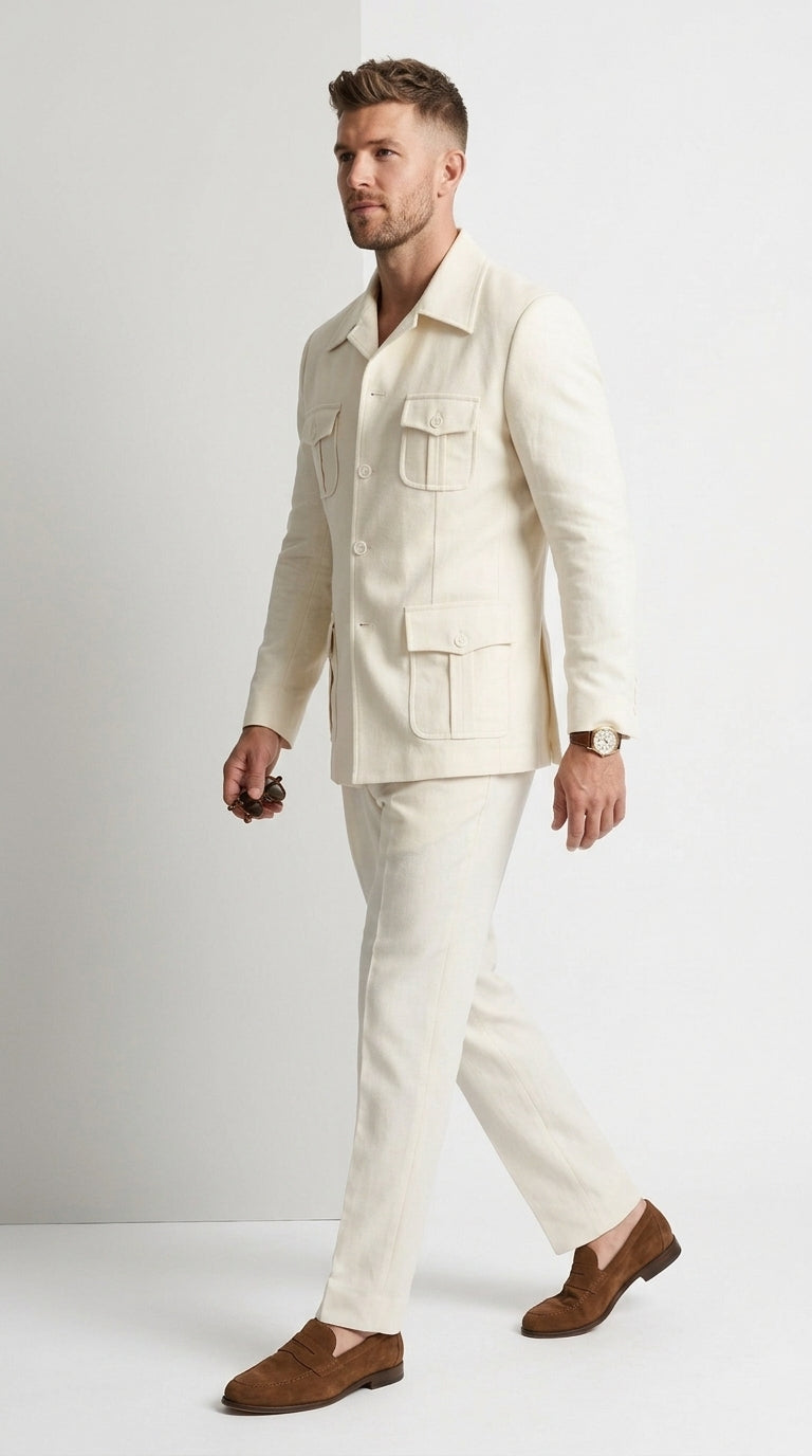 Men’s Off White Casual Safari Suit, Modern Fit Pocket Front Summer Walking Suit