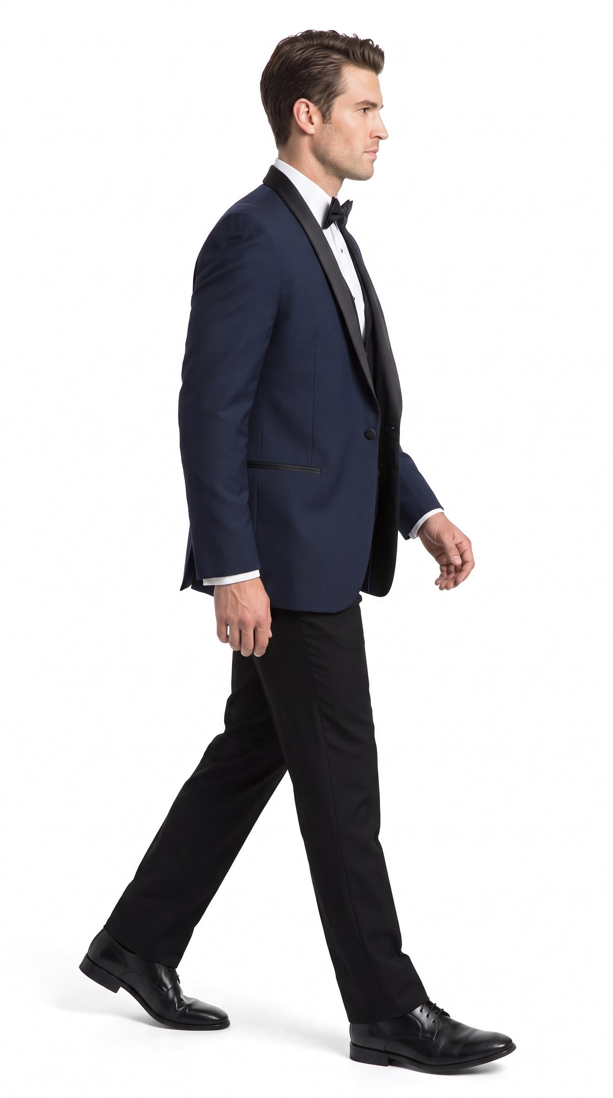 Men’s Big & Tall Navy Blue Tuxedo – Black Satin Shawl Lapel Formal Wedding & Prom Suit