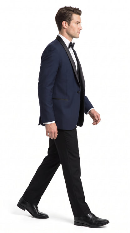 Men’s Big & Tall Navy Blue Tuxedo – Black Satin Shawl Lapel Formal Wedding & Prom Suit