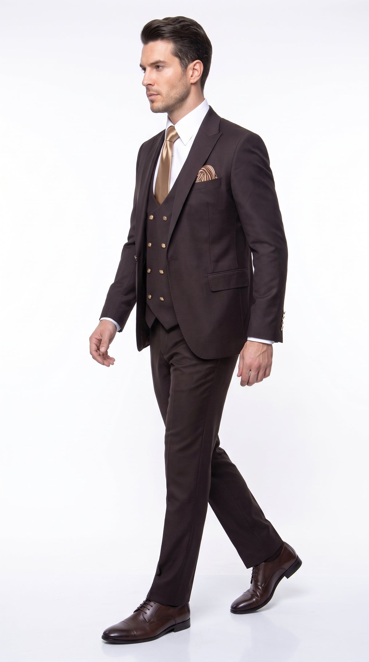 Rossi Man Max Chocolate Brown 3-Piece Suit – Men’s Formal Suit with Double-Breasted Vest & Gold Buttons