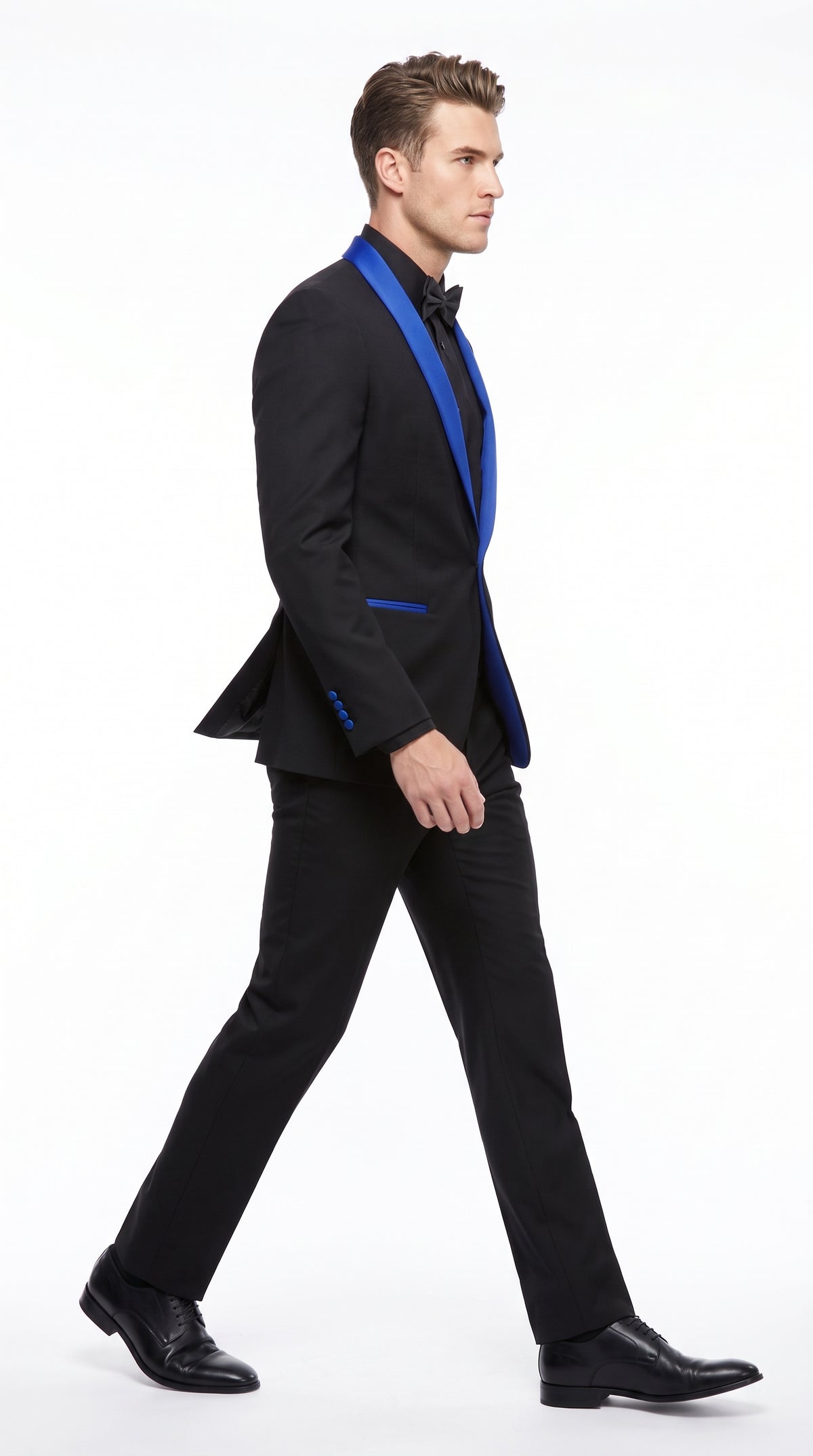 Men’s Black One-Button Suit with Royal Blue Shawl Lapel – Prom & Formal Suit