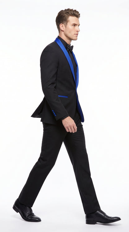 Men’s Black One-Button Suit with Royal Blue Shawl Lapel – Prom & Formal Suit