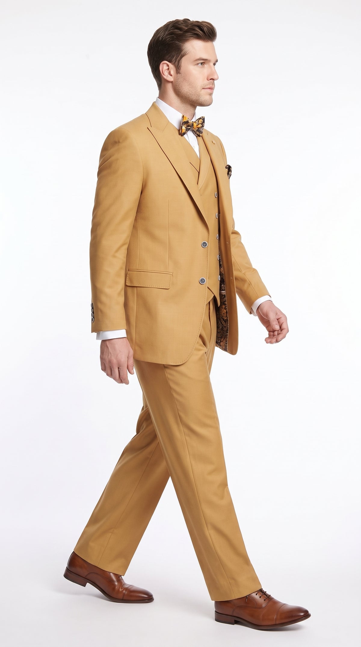Men’s Camel Big & Tall 3-Piece Wool Suit – Peak Lapel Classic Fit with Double-Breasted Vest & Pleated Pants