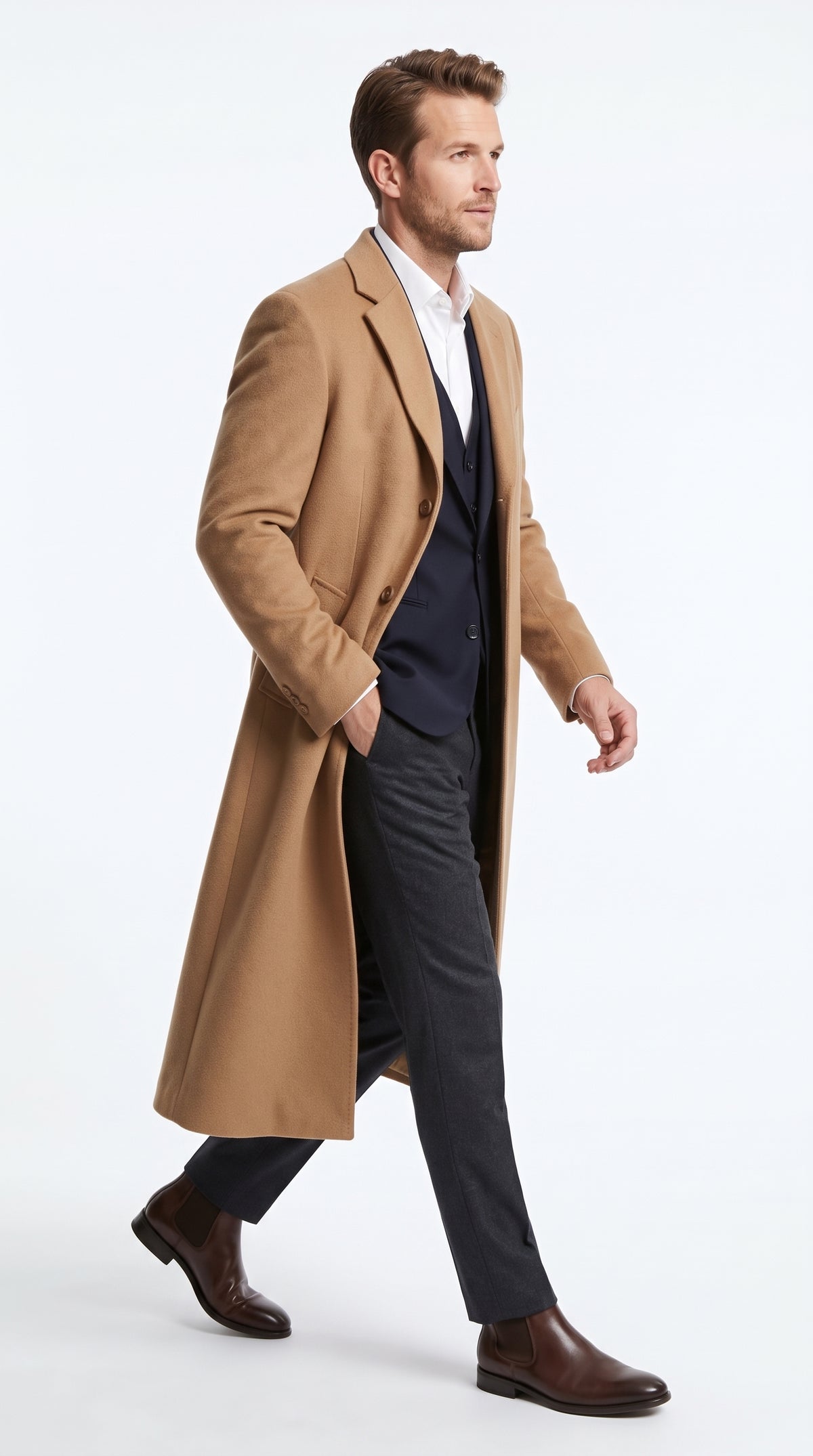 Men’s Camel Cashmere Winter Topcoat, Full Length Dress Overcoat