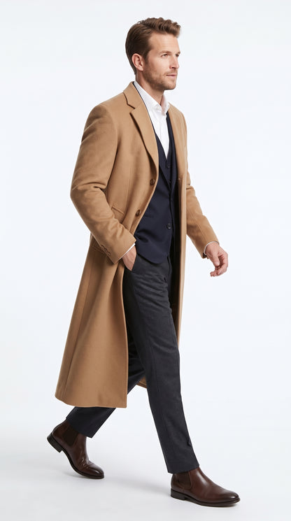 Men’s Camel Cashmere Winter Topcoat, Full Length Dress Overcoat