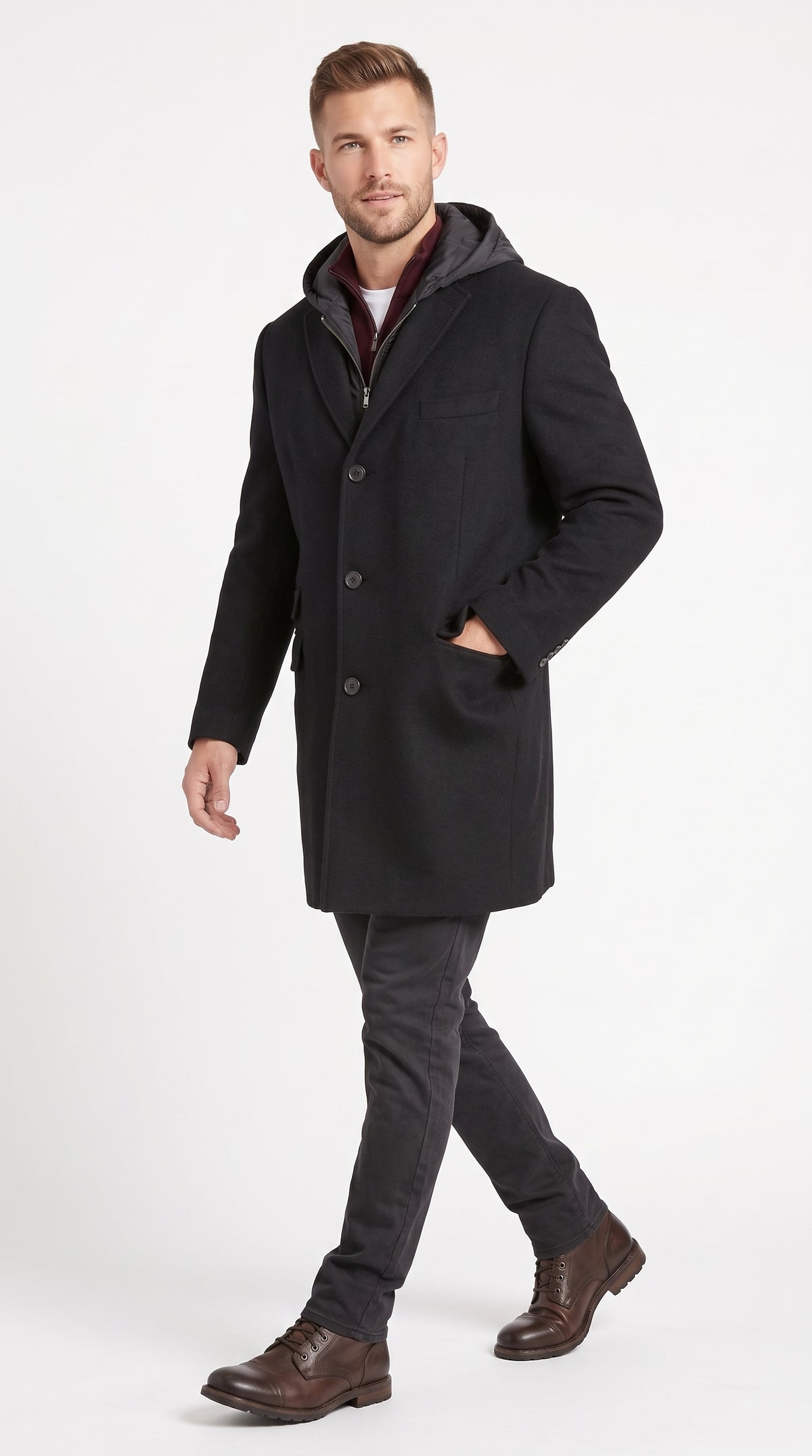 Men’s Black Hooded Overcoat, Formal Topcoat with Removable Hoodie Style