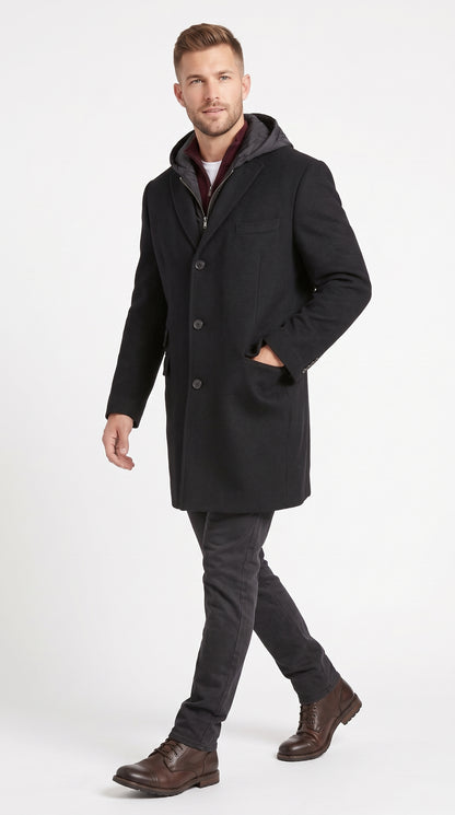 Men’s Black Hooded Overcoat, Formal Topcoat with Removable Hoodie Style