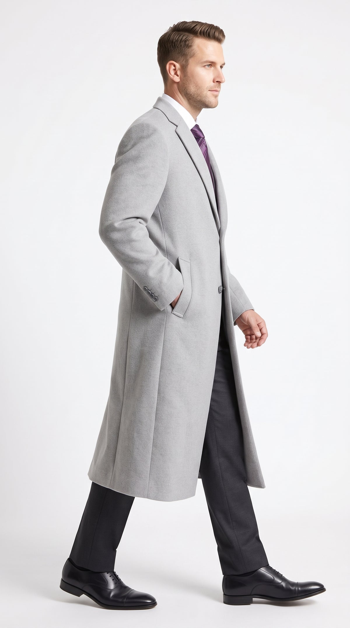 Men’s Gray Two Button Long Overcoat, Winter Dress Topcoat Formal Coat