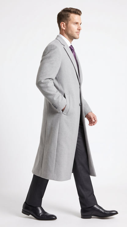 Men’s Gray Two Button Long Overcoat, Winter Dress Topcoat Formal Coat