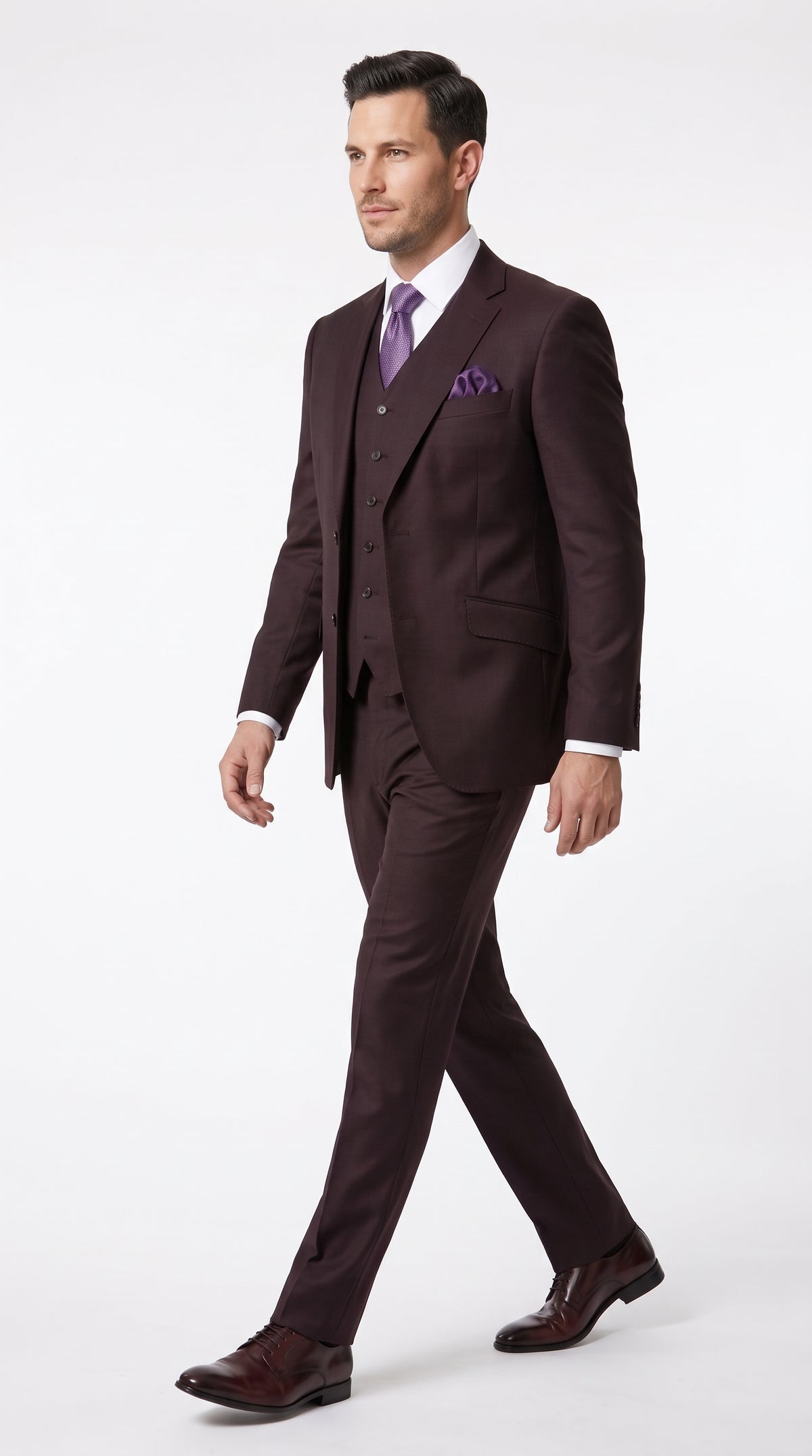 Statement Men’s Plum Eggplant 2 Button Modern Fit Suit, Italian Style Wool Formal Wedding Business Suit
