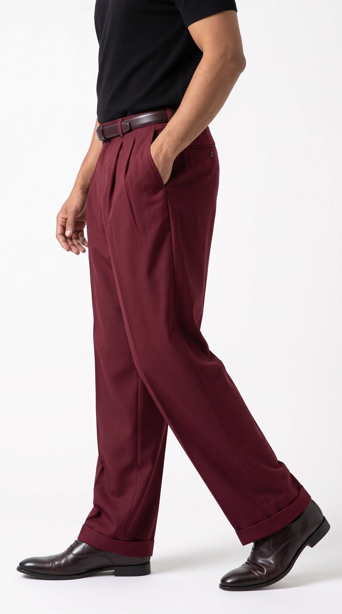Pacelli Men’s Burgundy Pleated Wide Leg Dress Pants, Wine Maroon Baggy Fit Slacks with Unhemmed Bottoms