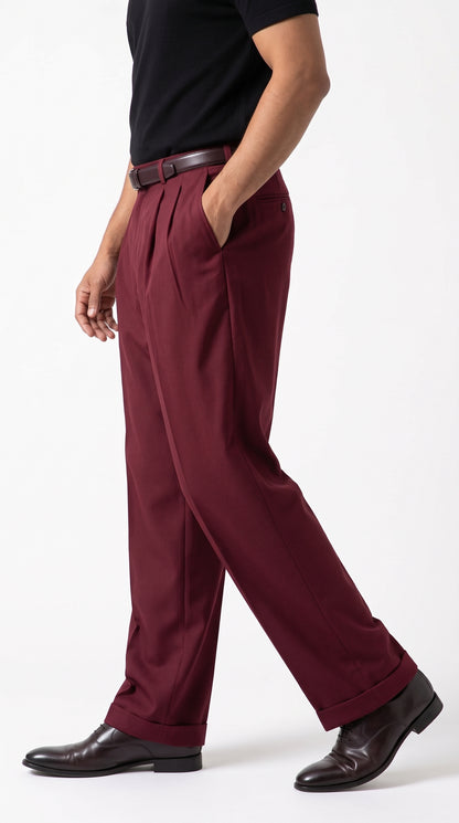 Pacelli Men’s Burgundy Pleated Wide Leg Dress Pants, Wine Maroon Baggy Fit Slacks with Unhemmed Bottoms