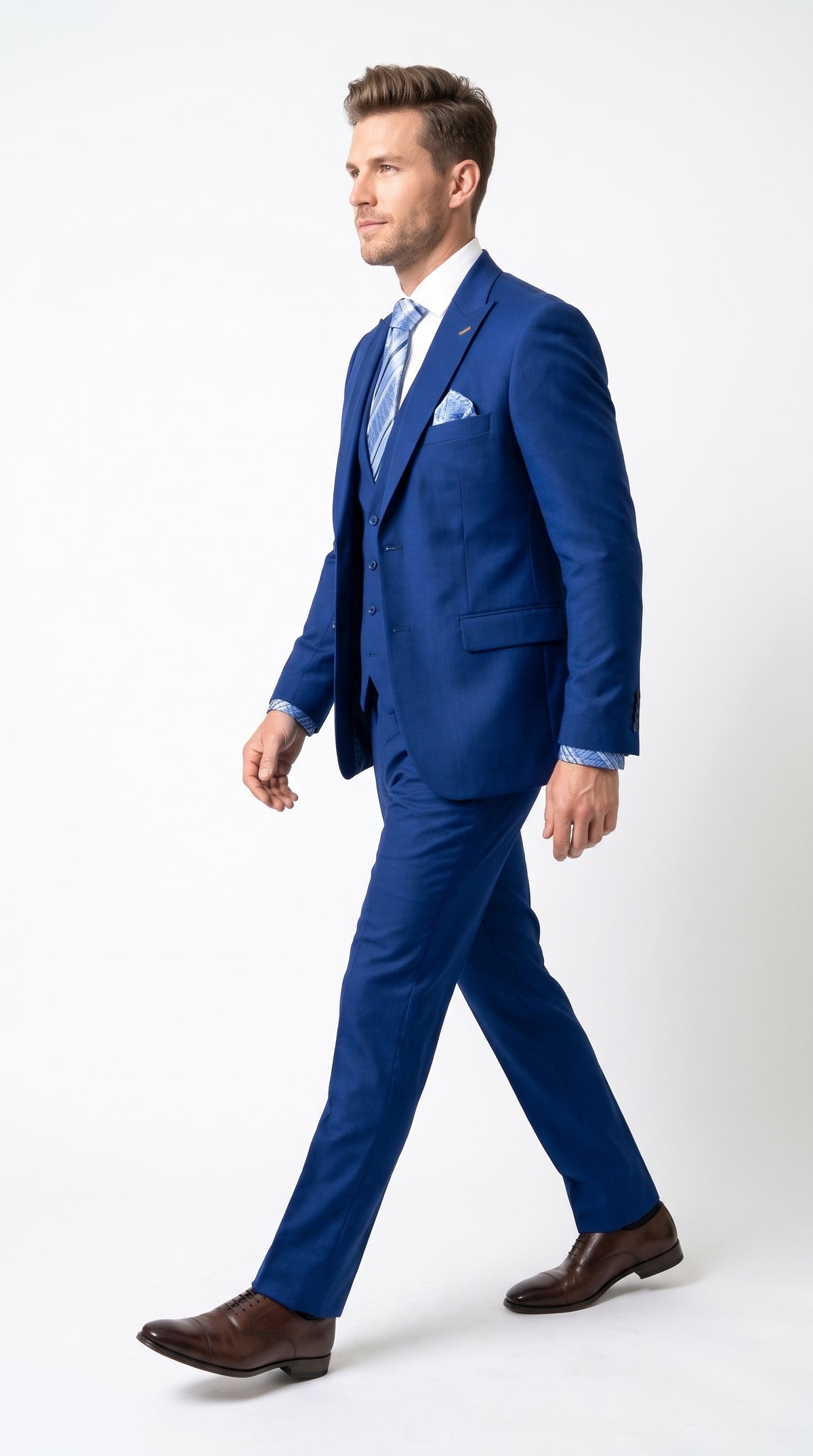 Men’s Royal Blue 3 Piece Vested Suit, 2 Button Peak Lapel Formal Wedding Prom Business Suit