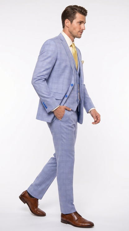 Men’s Sky Blue Glen Plaid 3 Piece Suit SV2W6, Windowpane Checkered Vested Formal Wedding Prom Suit