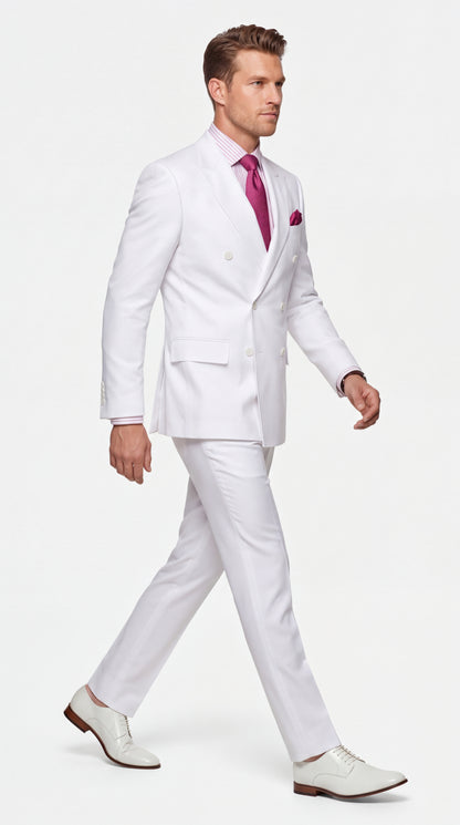 Apollo King Men’s White Double-Breasted Suit – Classic Luxury Wool-Feel Pleated Pants Suit