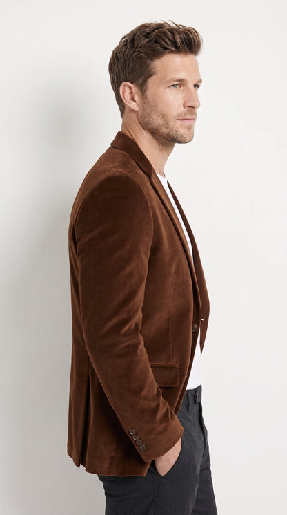 Men's Brown Velour Blazer Jacket – Classic Velvet-Look 2 Button Sport Coat for Weddings, Parties & Formal Events