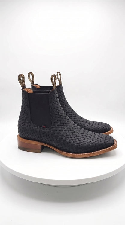 Besserro Men’s Black Petatillo Woven Leather Ankle Boots, Western Chelsea Style Square Toe Botines