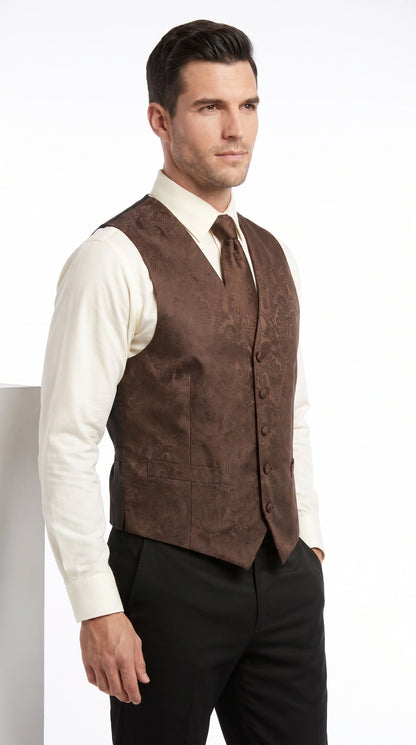 Men’s Dark Brown Paisley Tuxedo Vest and Matching Tie Set, Formal Wedding Waistcoat for Prom, Church and Parties