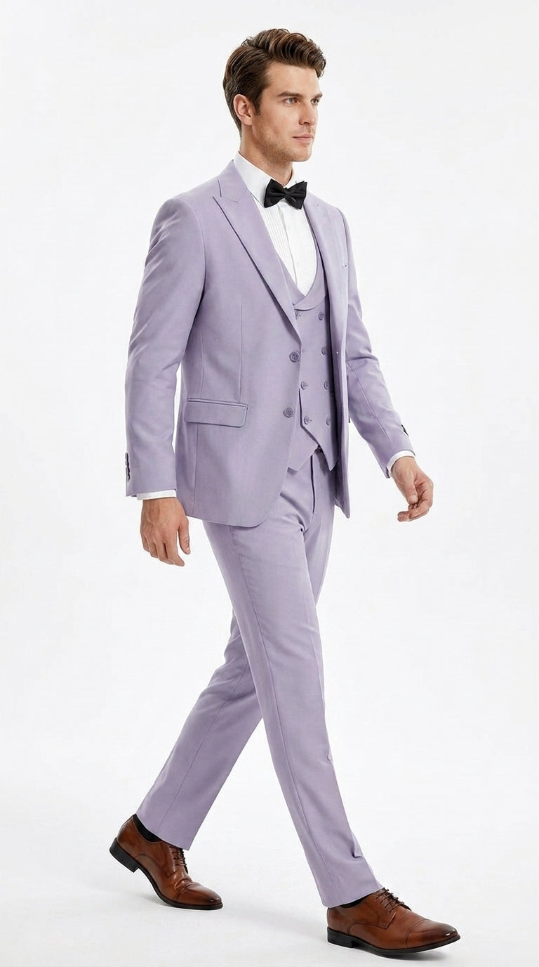 Men’s Lavender Modern Fit 3 Piece Suit, Two Button Vested Peak Lapel Graduation Wedding Prom Suit