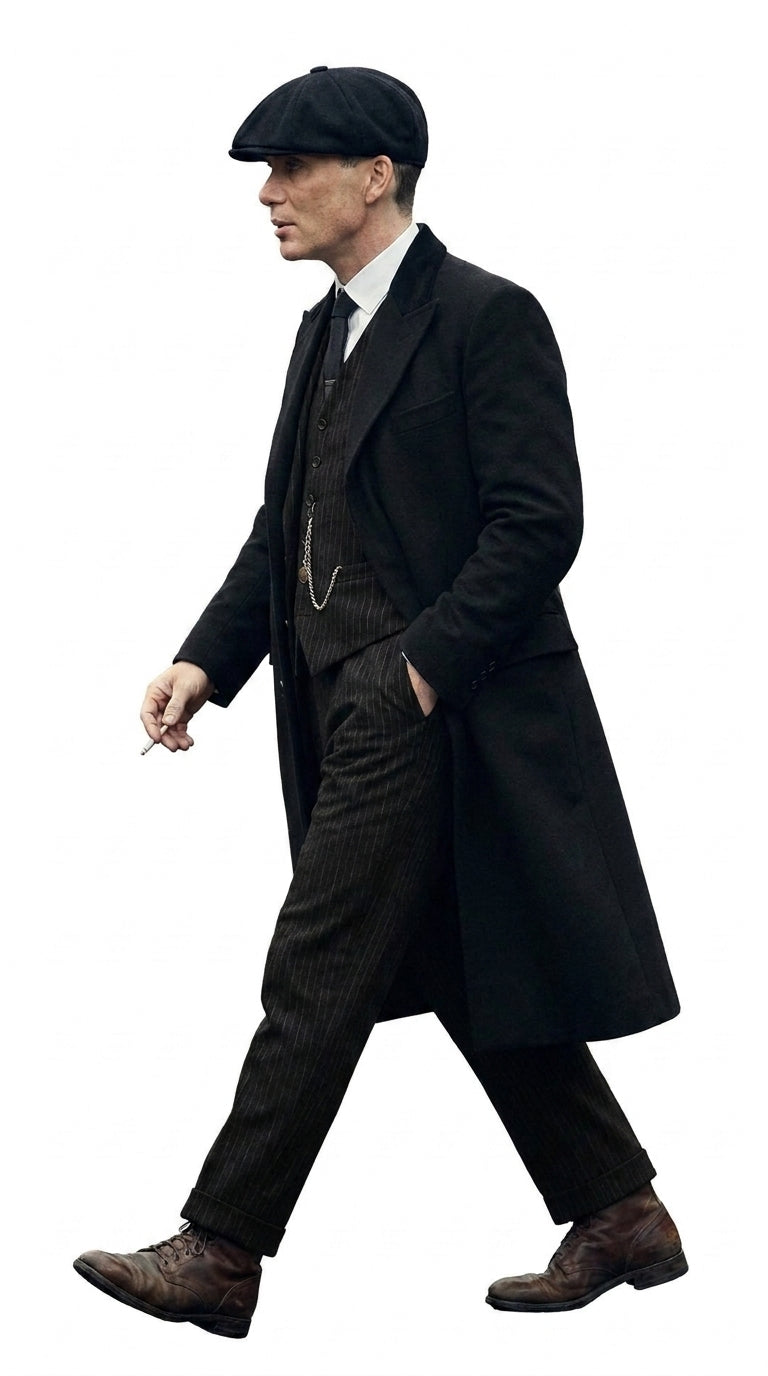 Men’s 1920s Peaky Blinders Style Vested Suit, English Gangster Outfit with Overcoat and Hat