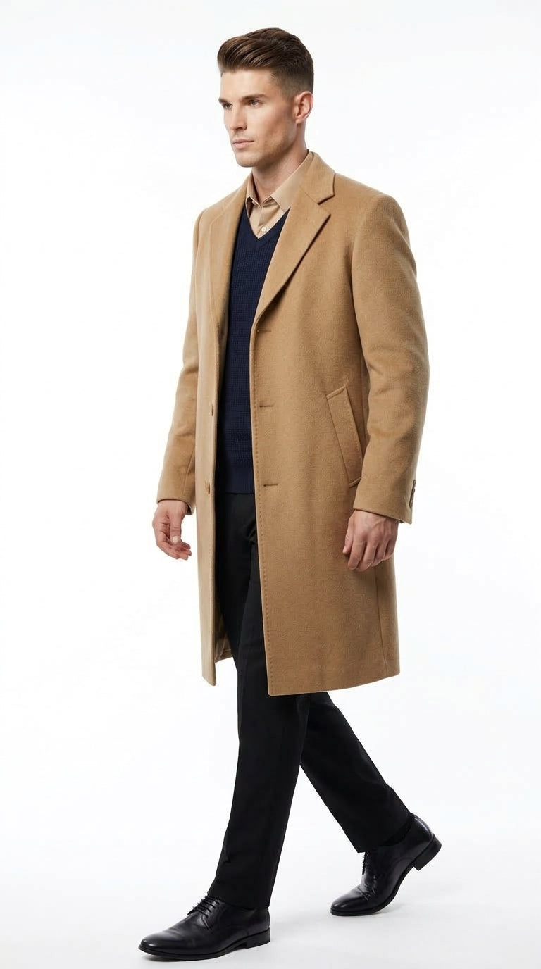 Men’s Camel Cashmere Blend Full Length Overcoat, Luxury Winter Dress Topcoat