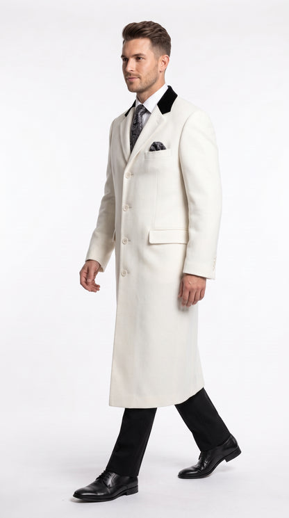 Men’s Winter White Chesterfield Overcoat, Wool and Cashmere Full Length Dress Coat
