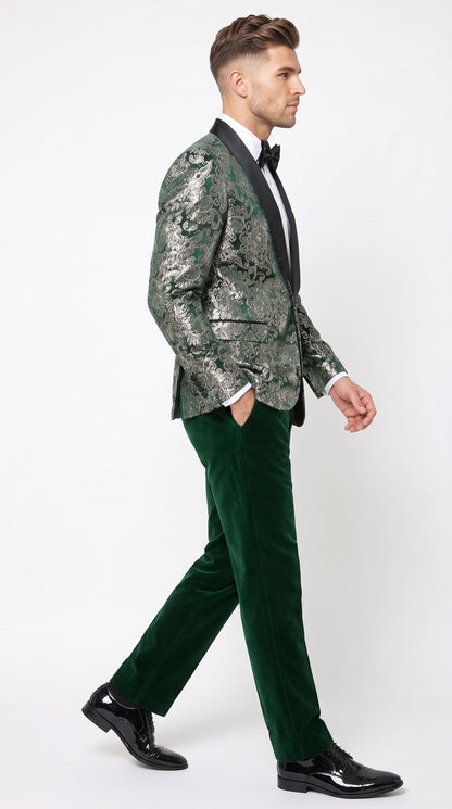 Men’s Emerald Green and Gold Floral Jacquard Tuxedo Suit, Black Satin Shawl Lapel Wedding Prom Formal Suit