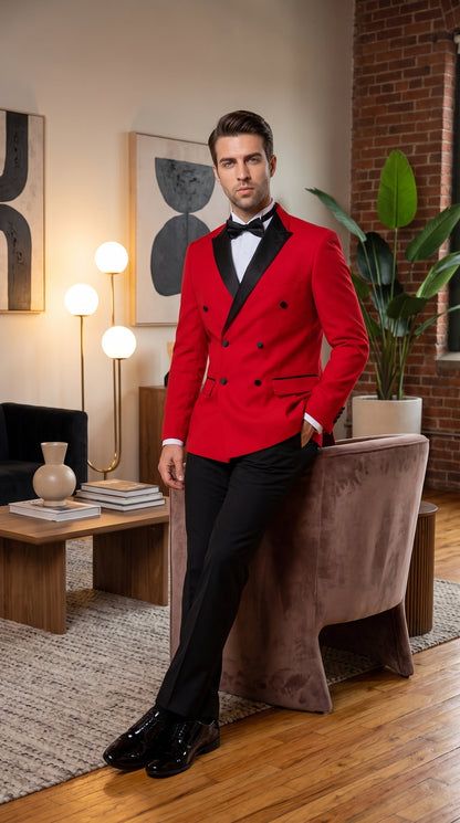 Men’s Red Double Breasted Tuxedo – Black Peak Lapel Prom & Wedding Suit