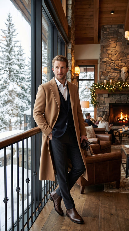 Men’s Camel Cashmere Winter Topcoat, Full Length Dress Overcoat