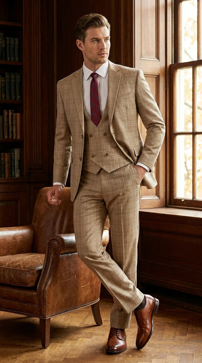 Men’s Renaissance Collection Camel 3 Piece Suit with Jacket, Vest and Pants, Formal Wedding Dress Suit Modern Fit