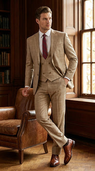 Men’s Renaissance Collection Camel 3 Piece Suit with Jacket, Vest and Pants, Formal Wedding Dress Suit