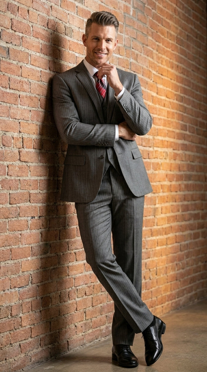 Men’s Medium Grey Classic Vested Pinstripe Suit with Jacket, Vest and Pants, Formal Dress Suit