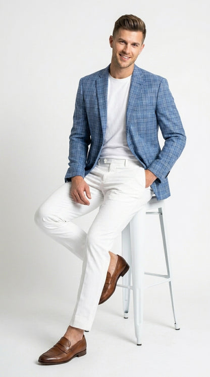 Men’s Blue Plaid Windowpane Blazer, Textured Pattern Sport Coat for Weddings, Parties, Business Casual, and Special Occasions
