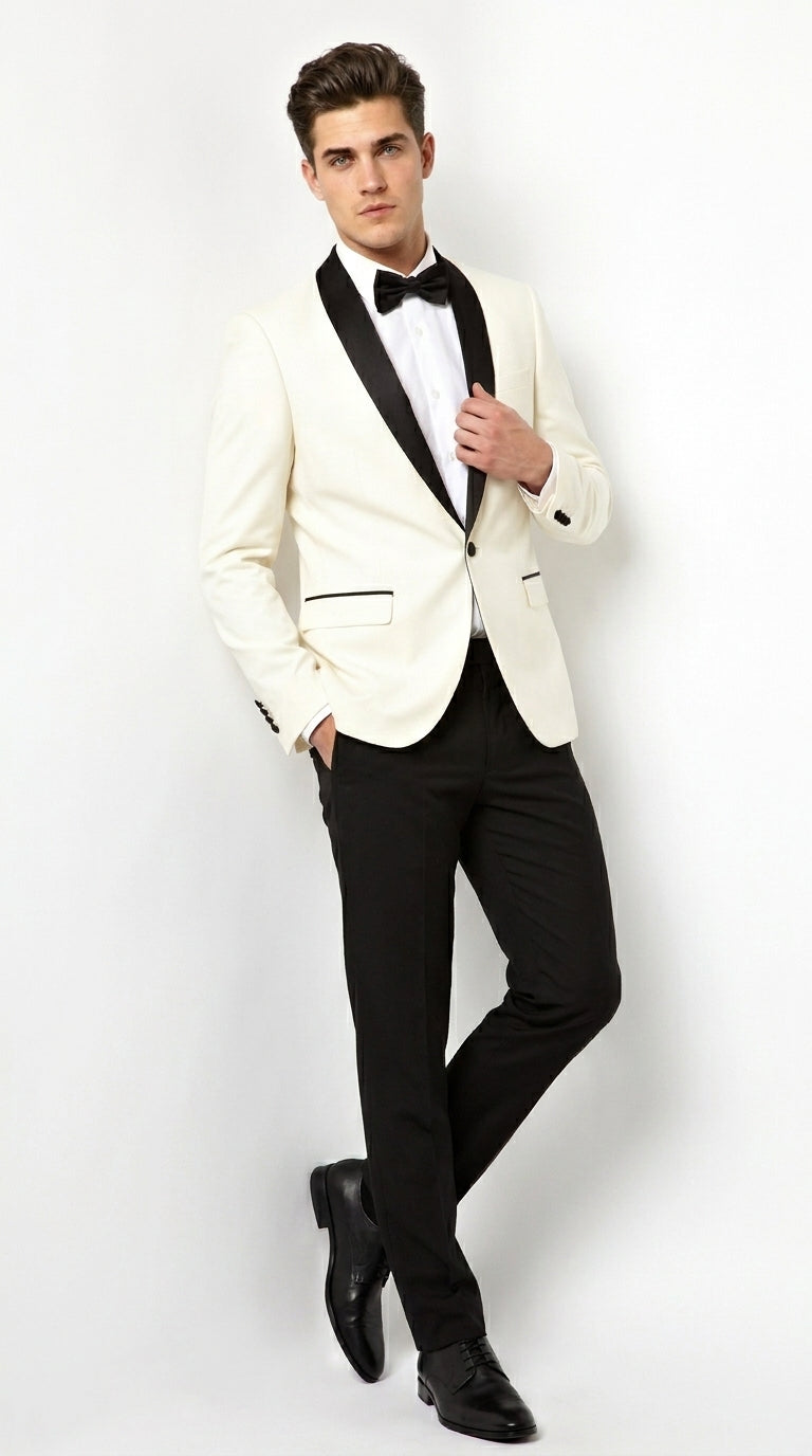 Men’s Ivory Cream Dinner Jacket Tuxedo with Black Shawl Lapel, White Blazer and Black Trouser Formal Suit for Weddings, Prom, Parties, and Special