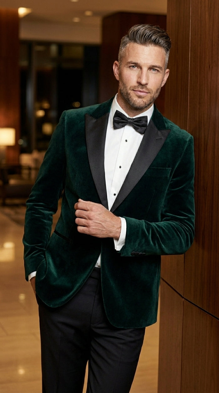 Men’s Olive Hunter Green Velvet Tuxedo Jacket with Black Satin Lapel, Formal Wedding Dinner Blazer