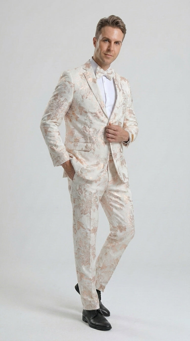 Men’s Gold and White Prom Suit with Floral Pattern Jacket, Matching Pants and Bow Tie Modern Fit