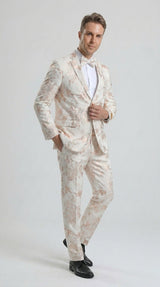 Men’s Gold and White Prom Suit with Floral Pattern Jacket, Matching Pants and Bow Tie Modern Fit