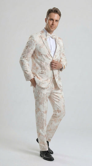 Men’s Gold and White Prom Suit with Floral Pattern Jacket, Matching Pants and Bow Tie