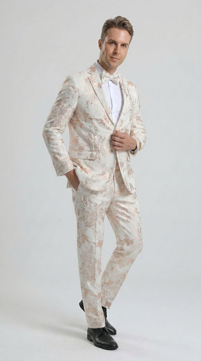 Men’s Gold and White Prom Suit with Floral Pattern Jacket, Matching Pants and Bow Tie Modern Fit