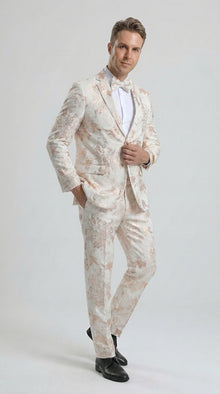 Men’s Gold and White Prom Suit with Floral Pattern Jacket, Matching Pants and Bow Tie
