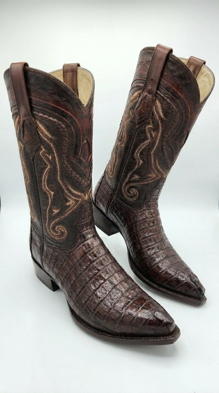 Los Altos Caiman Tail Cowboy Boots for Men – Faded Brown Pointed Toe Western Boots